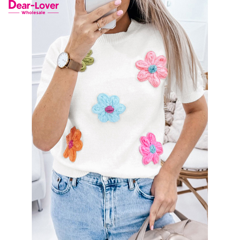 Dear-Lover Sweater Manufacturer Cute Flower Applique Short Sleeve Ladies&prime; Sweater