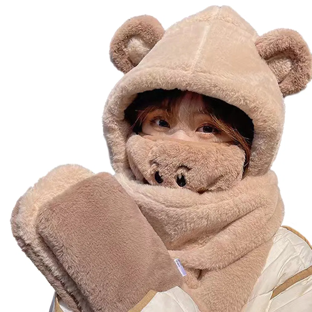 Bear Ear Bomber Hat Girl Sweet Winter Warm Thickened Neck Ear Protection Lovely Cap Plush Color Korean Women Cute Cap