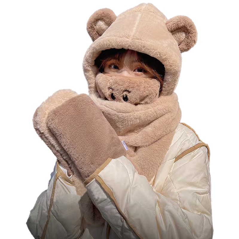 Bear Ear Bomber Hat Girl Sweet Winter Warm Thickened Neck Ear Protection Lovely Cap Plush Color Korean Women Cute Cap