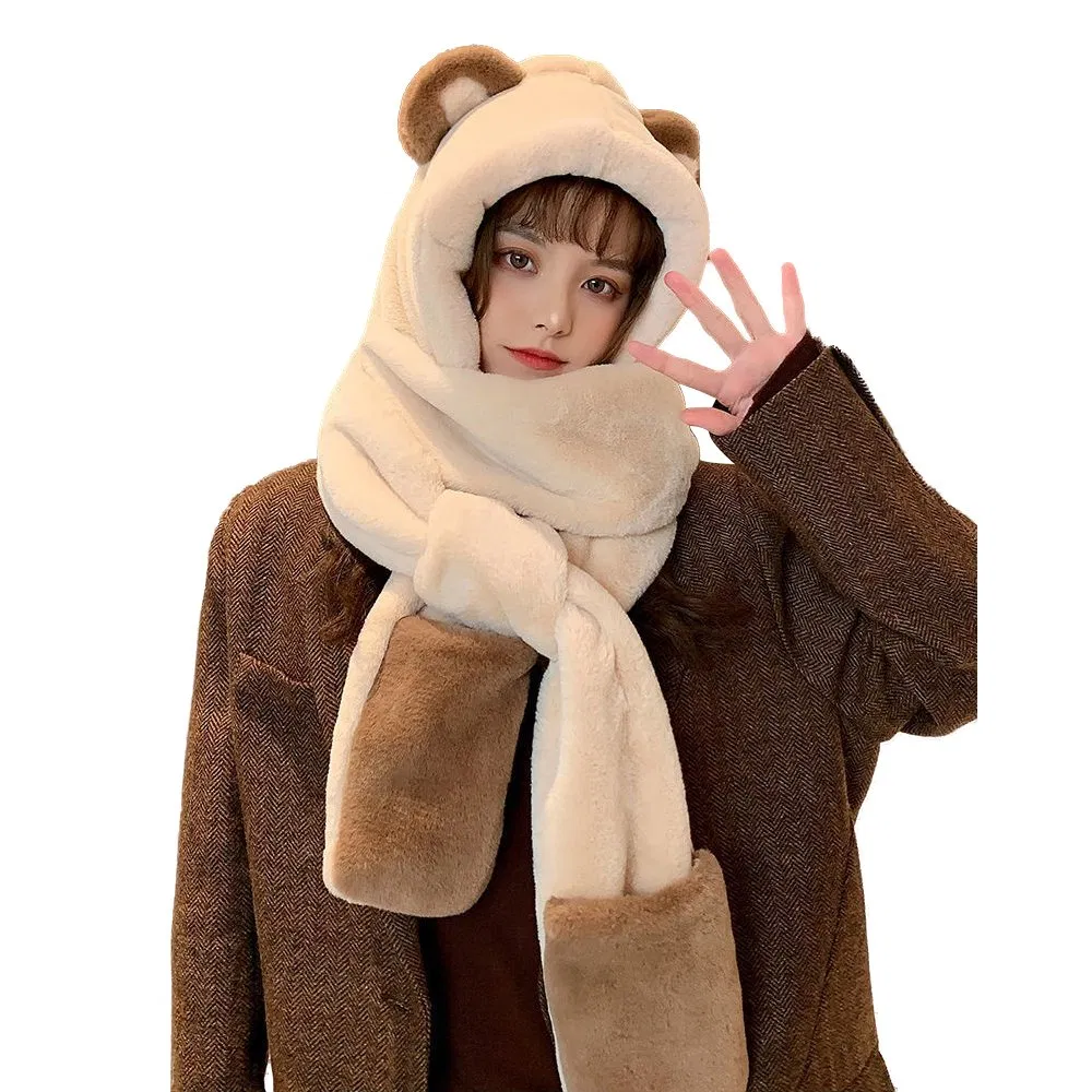 Bear Ear Bomber Hat Girl Sweet Winter Warm Thickened Neck Ear Protection Lovely Cap Plush Color Korean Women Cute Cap