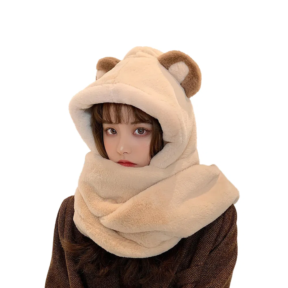 Bear Ear Bomber Hat Girl Sweet Winter Warm Thickened Neck Ear Protection Lovely Cap Plush Color Korean Women Cute Cap