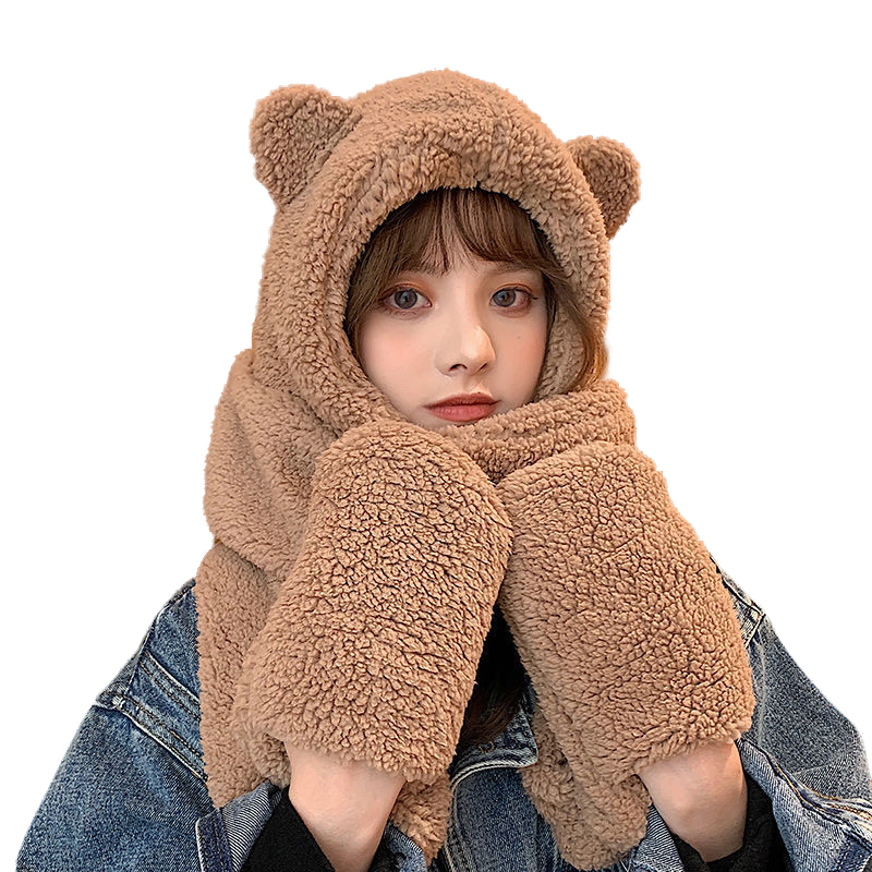 Bear Ear Bomber Hat Girl Sweet Winter Warm Thickened Neck Ear Protection Lovely Cap Plush Color Korean Women Cute Cap