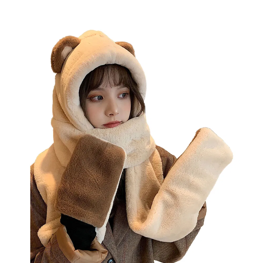 Bear Ear Bomber Hat Girl Sweet Winter Warm Thickened Neck Ear Protection Lovely Cap Plush Color Korean Women Cute Cap