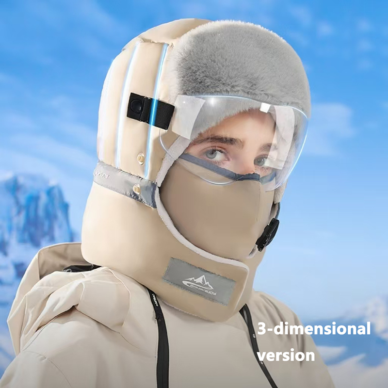 Thermal Fur Lined Aviator Trapper Bomber Hat Ear Flap Face Warmer Windproof Baseball Ski Cap Goggles Set