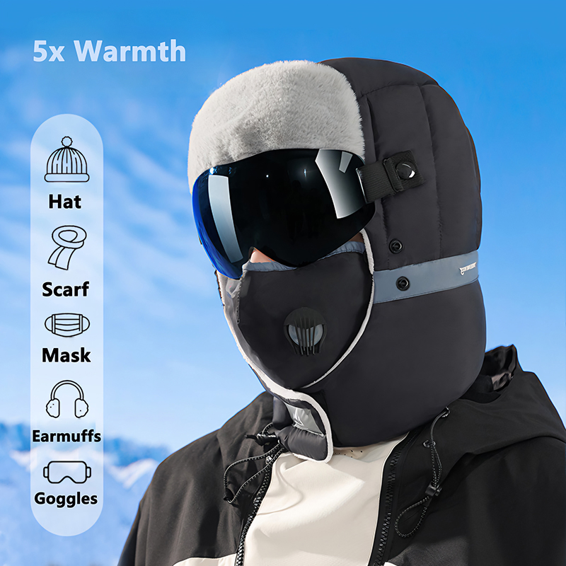 Thermal Fur Lined Aviator Trapper Bomber Hat Ear Flap Face Warmer Windproof Baseball Ski Cap Goggles Set