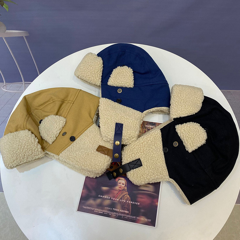 Aviator Hat Riding Warm Skiing Cold Protection Ear Protection Plush Canvas Patchwork Huntsman Cap