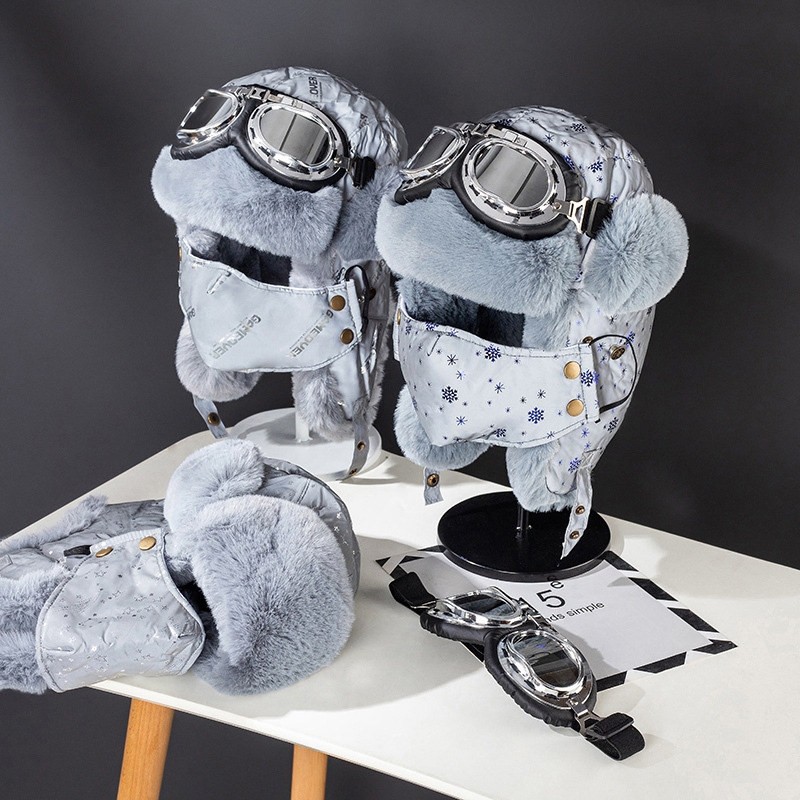 Winter Riding Safety Reflective Bomber Russian Hat Fleece Warm Unisex Mask Goggles