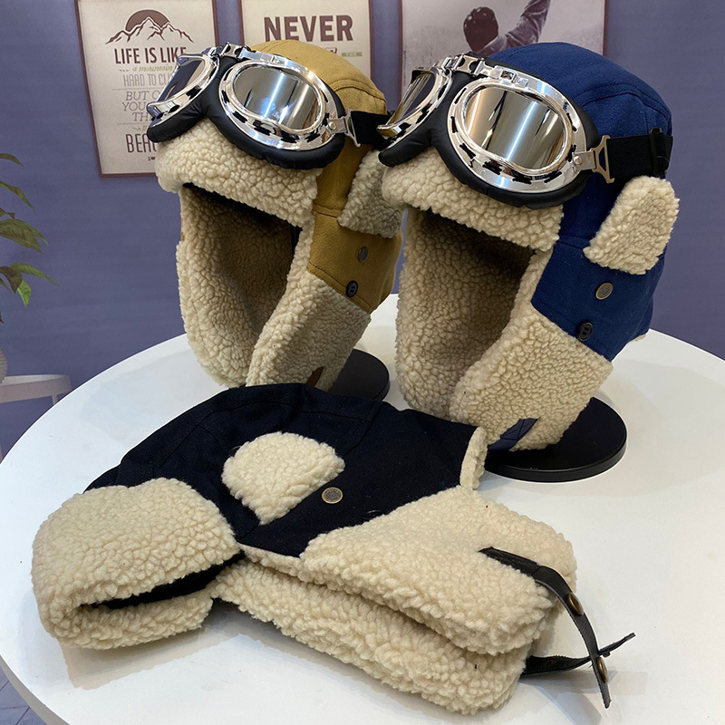Aviator Hat Riding Warm Skiing Cold Protection Ear Protection Plush Canvas Patchwork Huntsman Cap