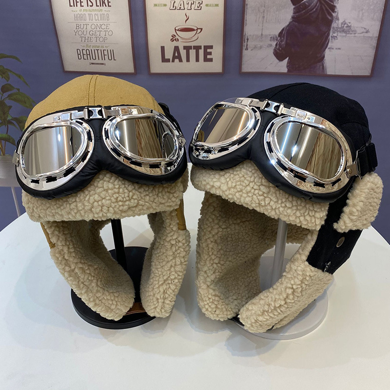 Aviator Hat Riding Warm Skiing Cold Protection Ear Protection Plush Canvas Patchwork Huntsman Cap