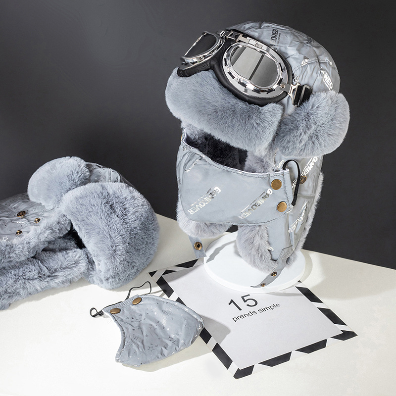 Winter Riding Safety Reflective Bomber Russian Hat Fleece Warm Unisex Mask Goggles