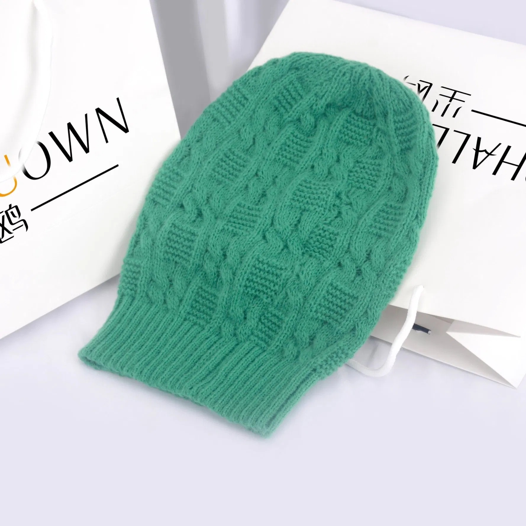 Embroidery Custom Logo Wholesale Slouchy Over-Sized Cable Slable Luxury Knitted Beanie Hat