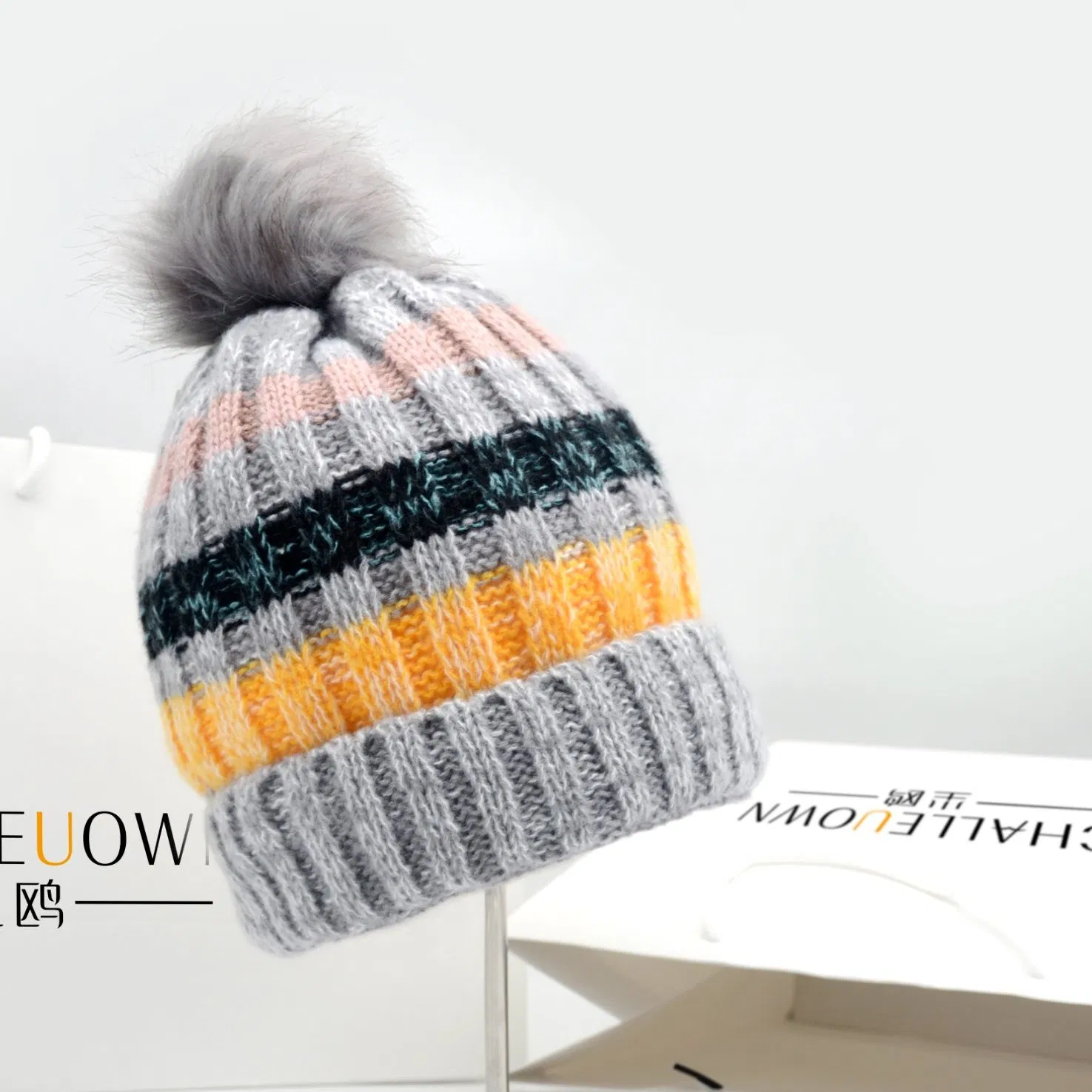 Hot Selling Muti Color fashion Stylish Soft Warm Knit Striped POM POM Beanie Winter Hats