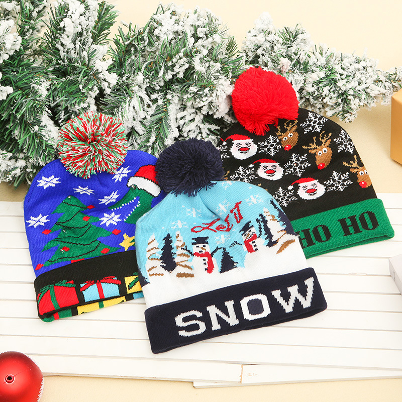 Dephens Bulk Premium Polyester Pompom Hats Hip Hop Luxury Print Christmas Beanie Hat with LED Light up Custom Embroidery Logo Made in China