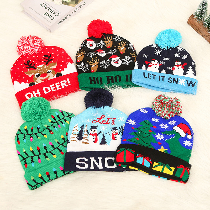 Dephens Bulk Premium Polyester Pompom Hats Hip Hop Luxury Print Christmas Beanie Hat with LED Light up Custom Embroidery Logo Made in China