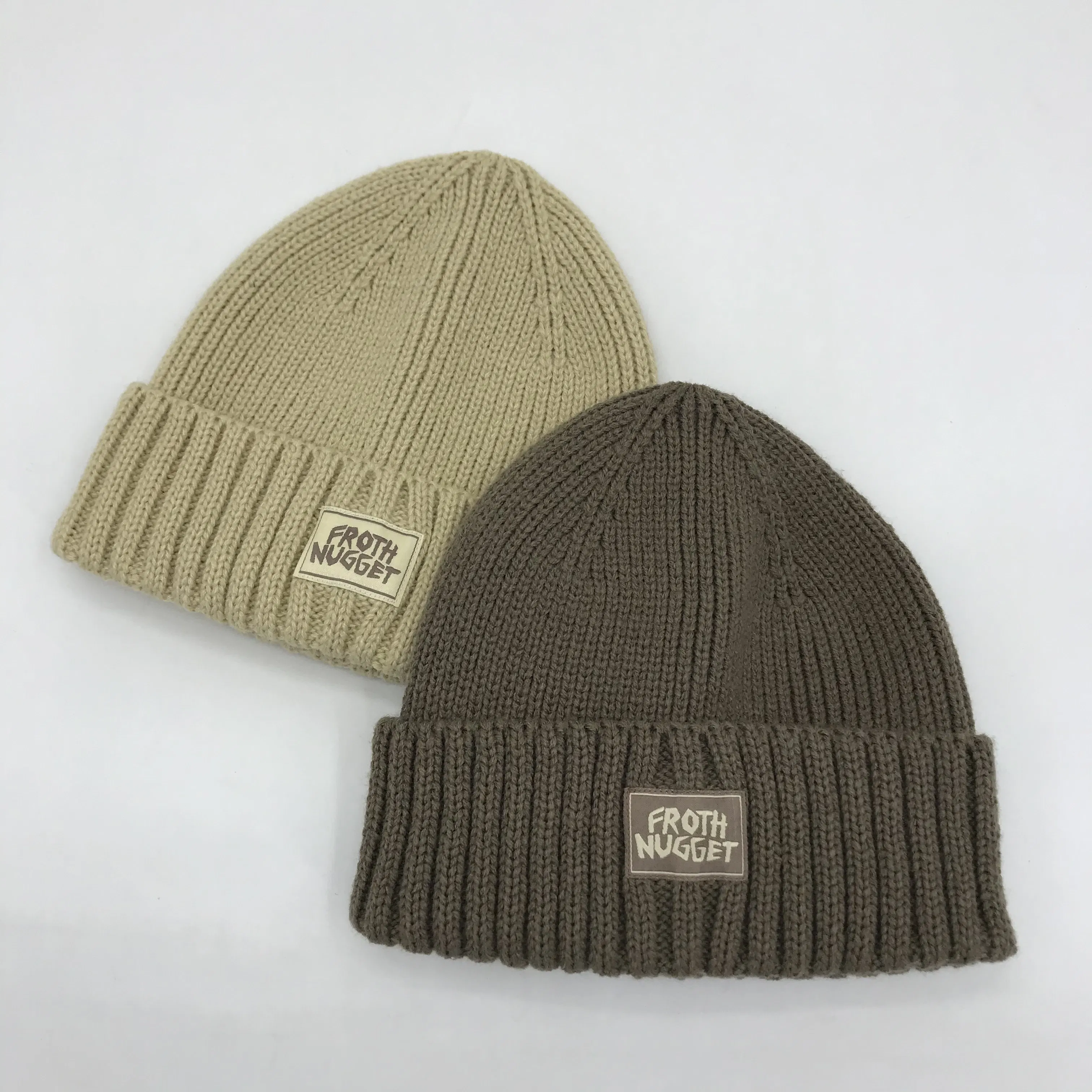 Wholesale High Quality Ribbed Cuff Beanies with Custom Label Patch One Front and Back One Size Fits All Beanie Hat