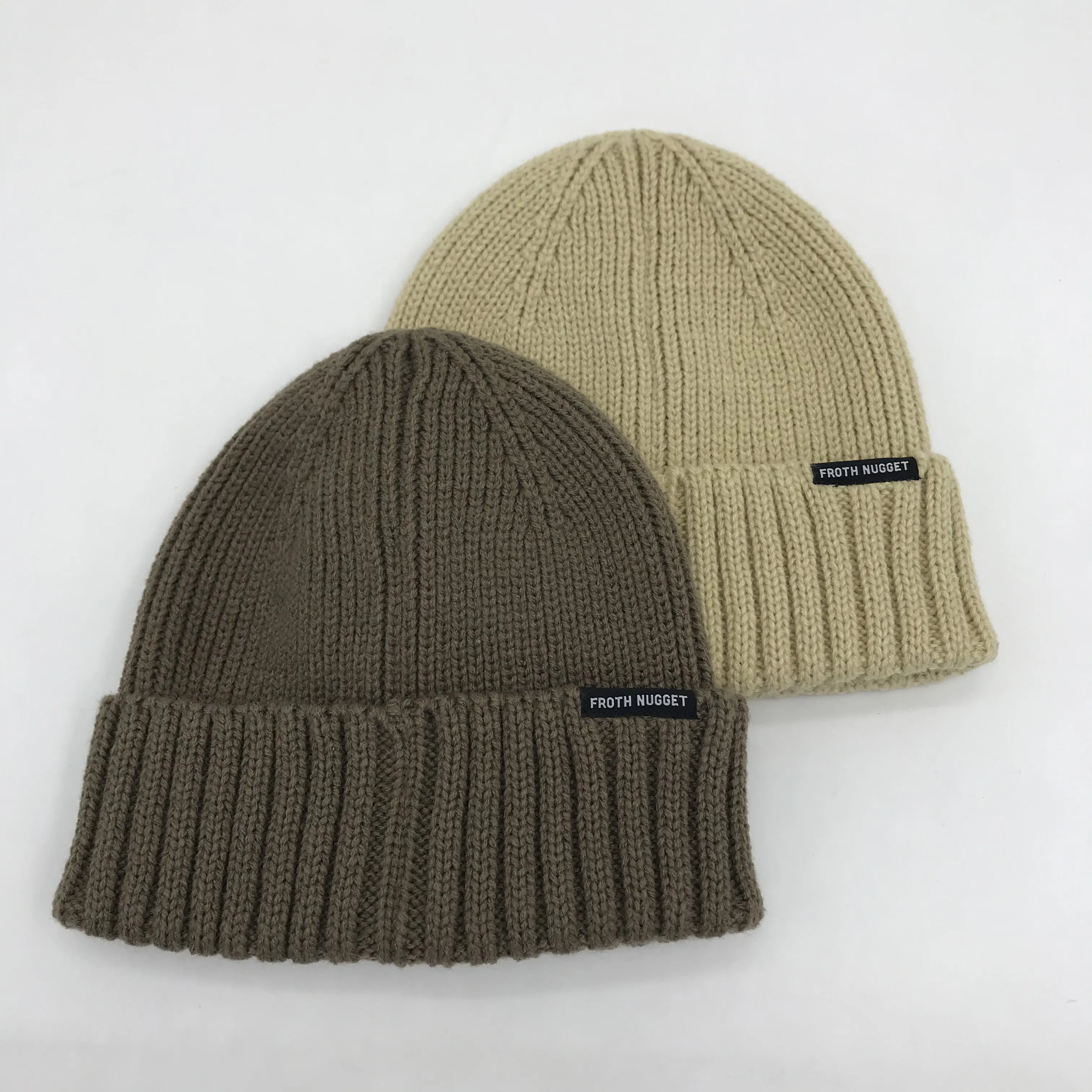 Wholesale High Quality Ribbed Cuff Beanies with Custom Label Patch One Front and Back One Size Fits All Beanie Hat