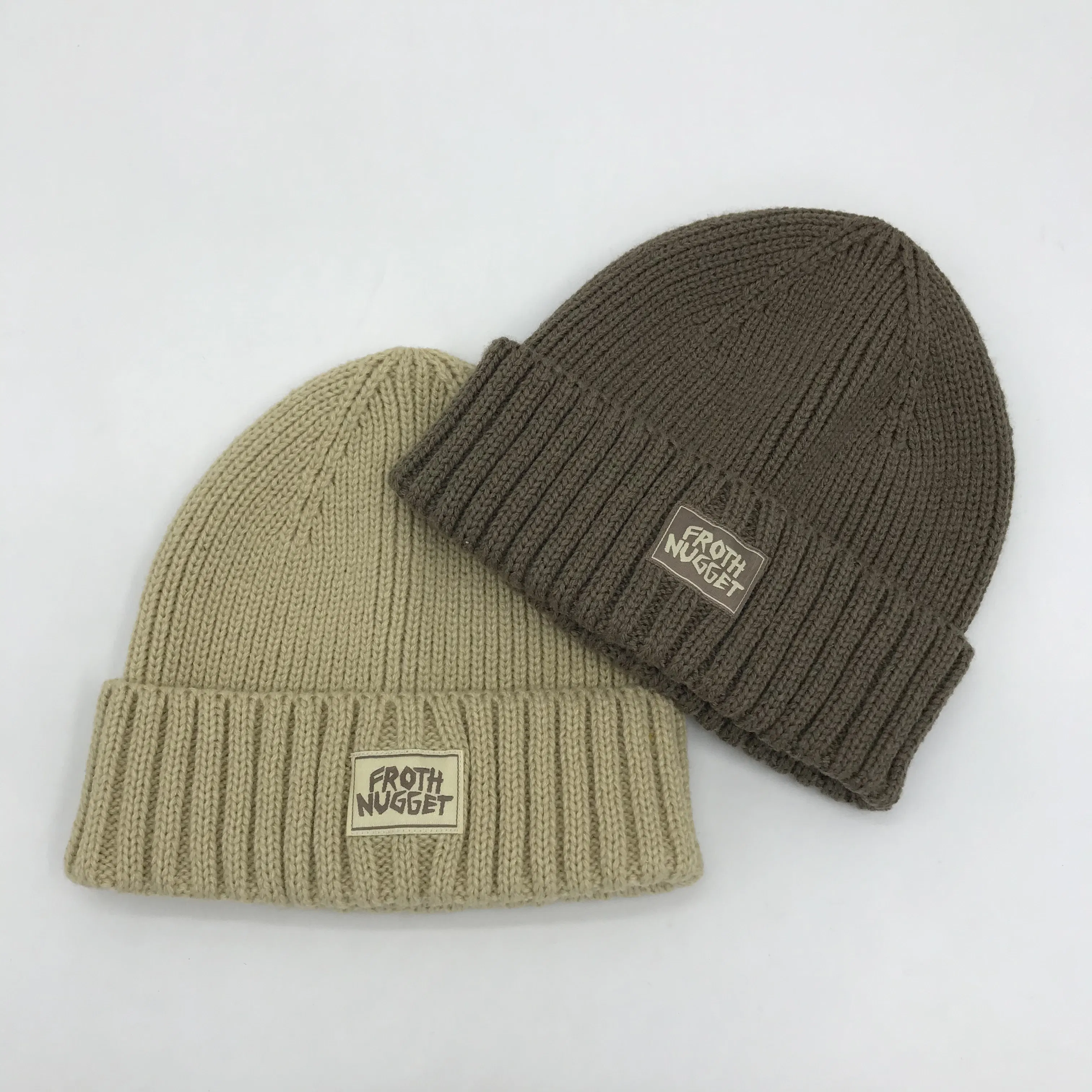 Wholesale High Quality Ribbed Cuff Beanies with Custom Label Patch One Front and Back One Size Fits All Beanie Hat