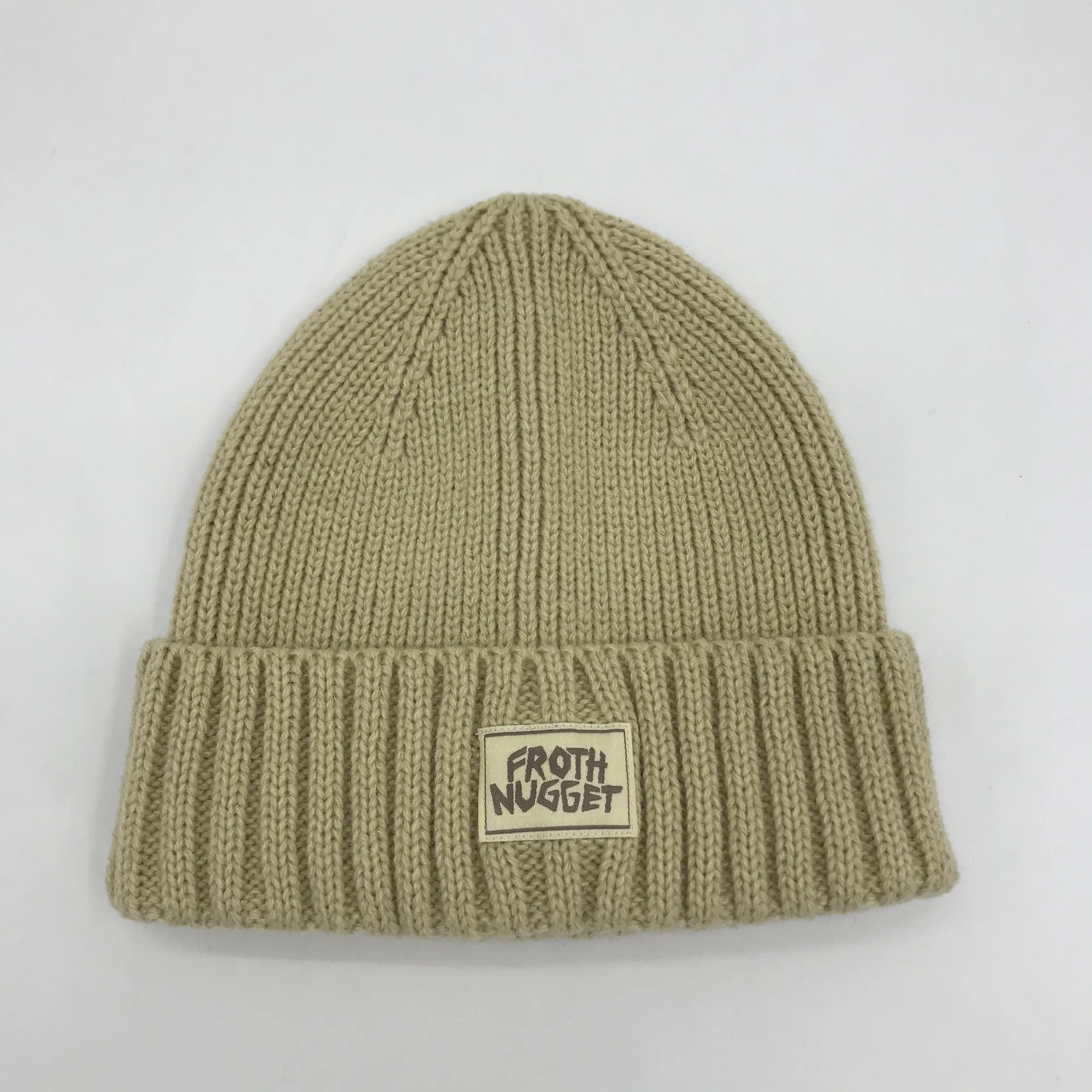 Wholesale High Quality Ribbed Cuff Beanies with Custom Label Patch One Front and Back One Size Fits All Beanie Hat