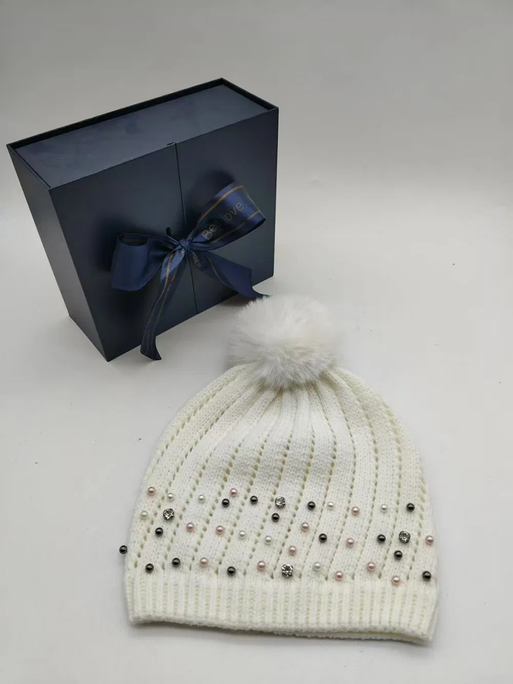 Trendy Ladies White Rivet Beanie Hat with POM-POM Hat