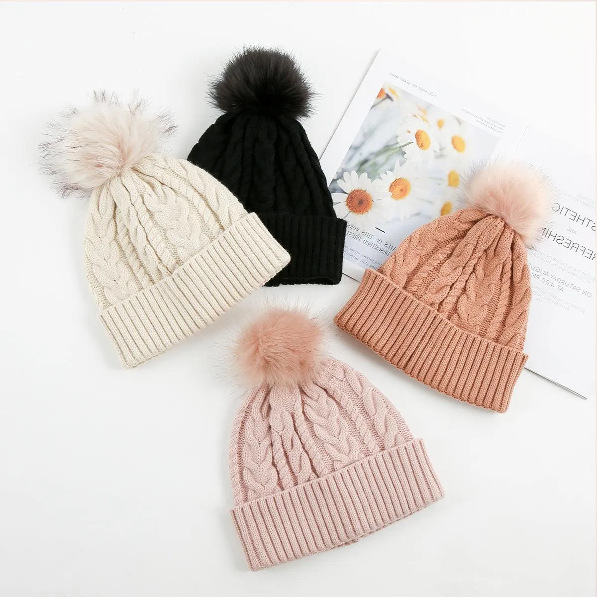 Cheaper Design Knitting Flower Women Cross-Border Outdoor Winter Acrylic Wool Flanged Warm Cable Beanie Hat