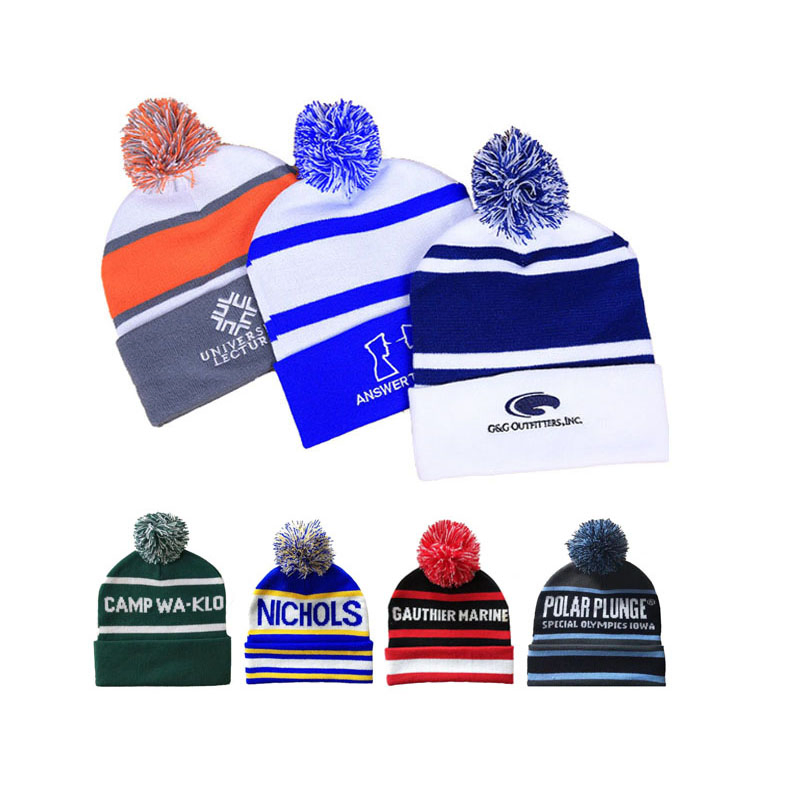 Promotional POM POM Hats Jacquard Knitted Warm Winter Beanie with Custom Logo