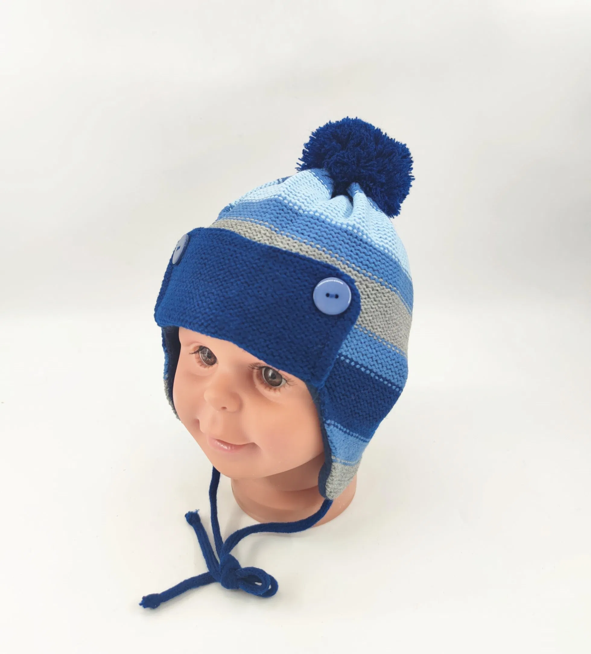 Acrylic Yarn Jacquard Knitted Boys Earflap Hat, Turn up The Brim