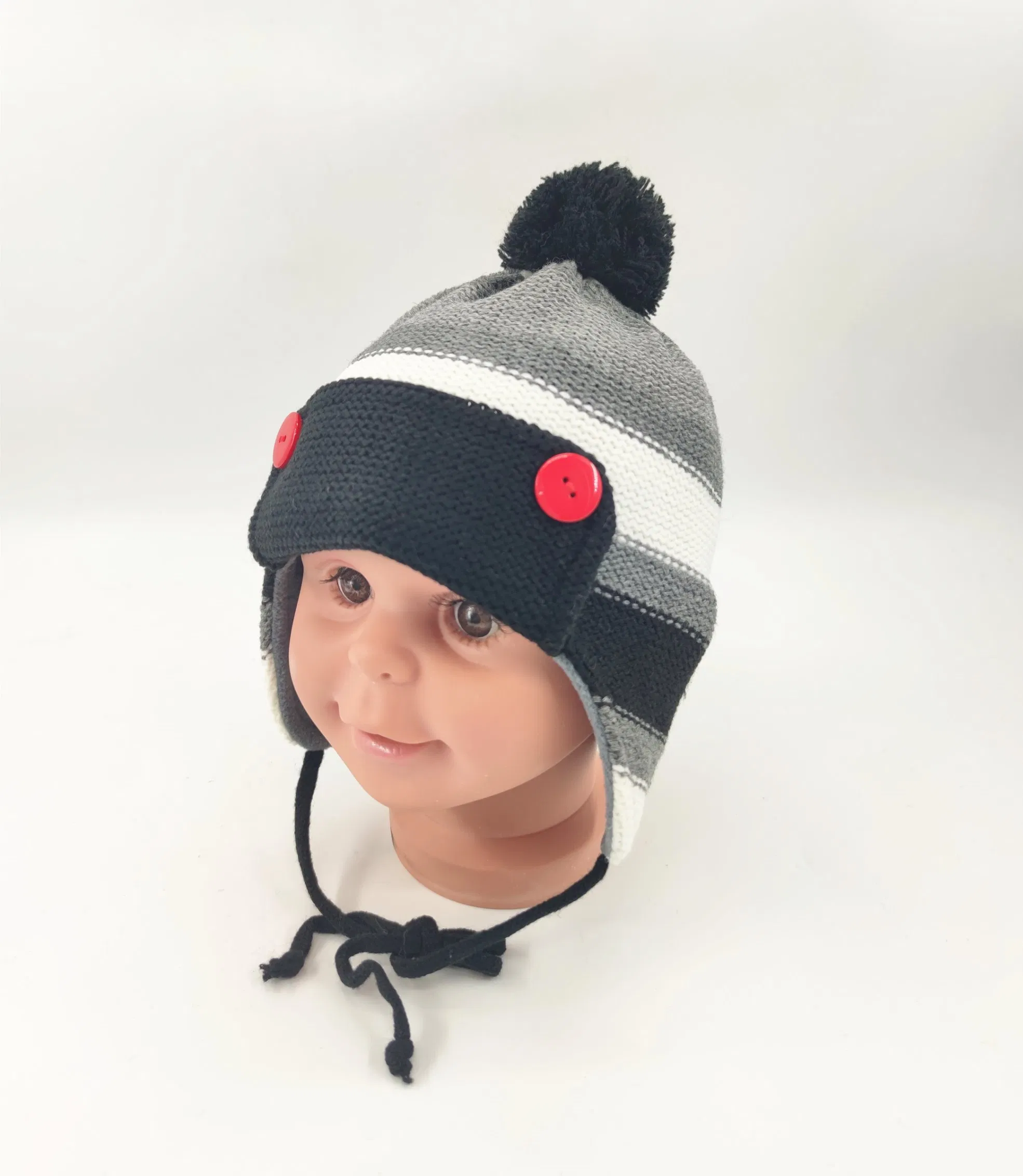 Acrylic Yarn Jacquard Knitted Boys Earflap Hat, Turn up The Brim