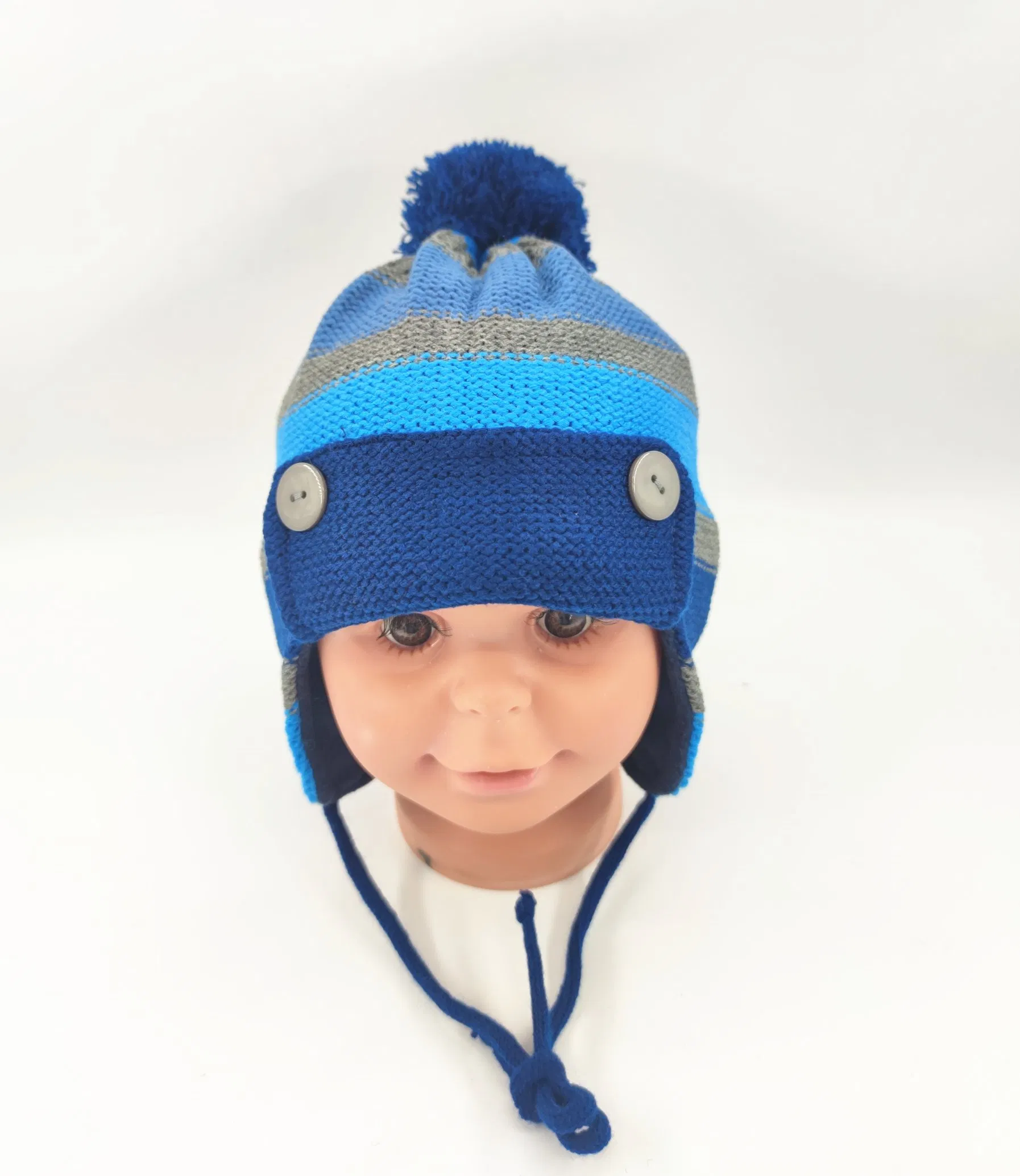 Acrylic Yarn Jacquard Knitted Boys Earflap Hat, Turn up The Brim