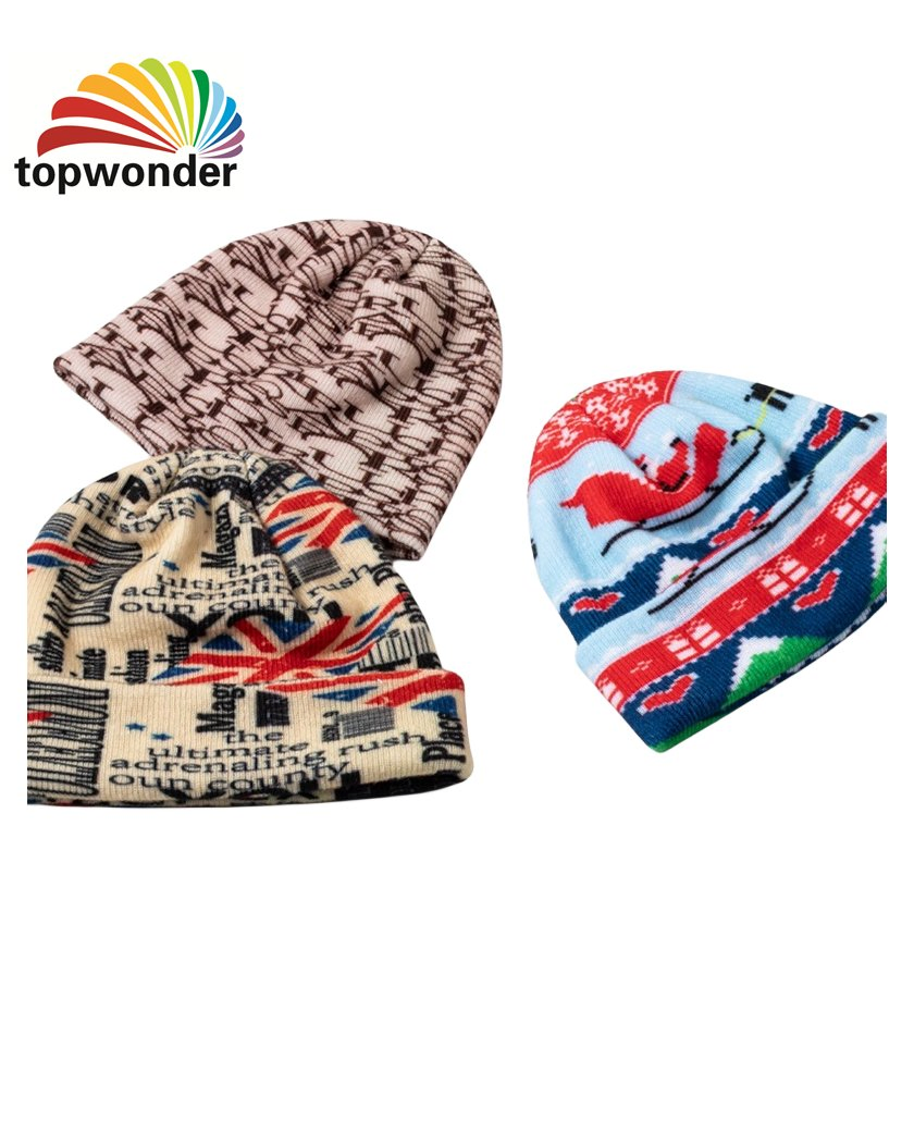 Wholesale and Customize Fashion Winter Knit Heat Transfer Printing Beanie or Cap in Many Colors and Designs at Low Prices
