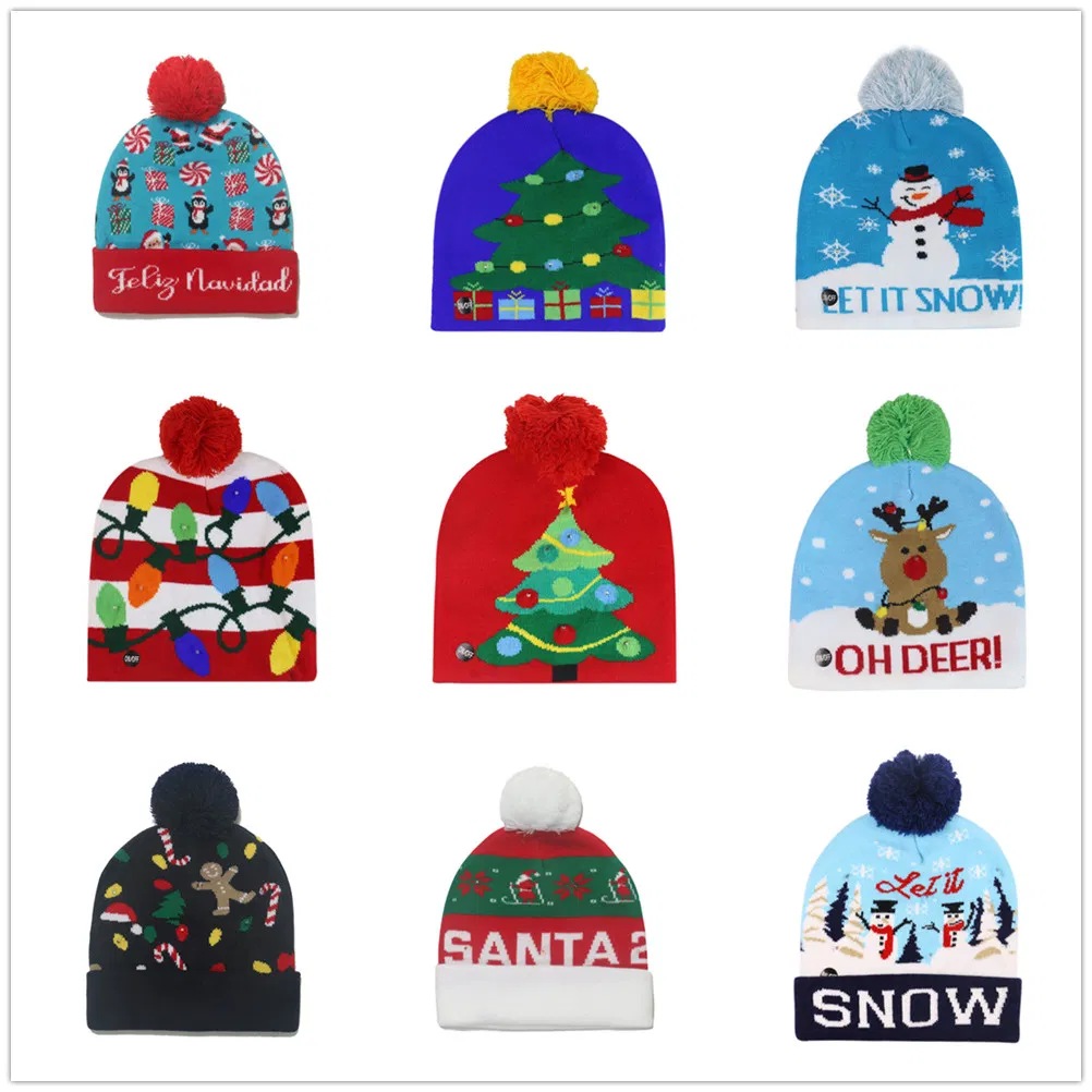China Factory OEM Custom Cheap Merry Christmas Winter Beanie with LED Lights