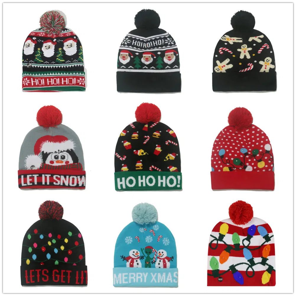 China Factory OEM Custom Cheap Merry Christmas Winter Beanie with LED Lights