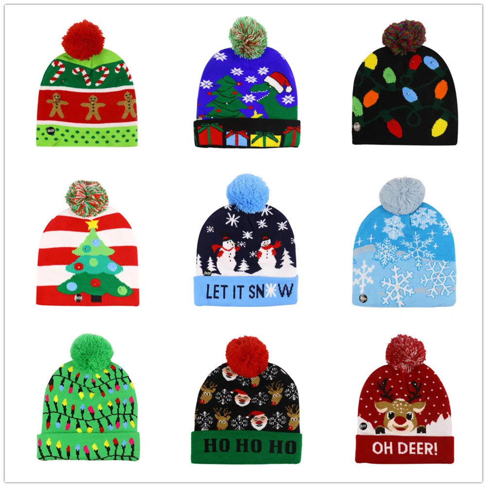 China Factory OEM Custom Cheap Merry Christmas Winter Beanie with LED Lights