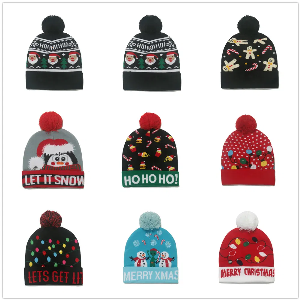 China Factory OEM Custom Cheap Merry Christmas Winter Beanie with LED Lights