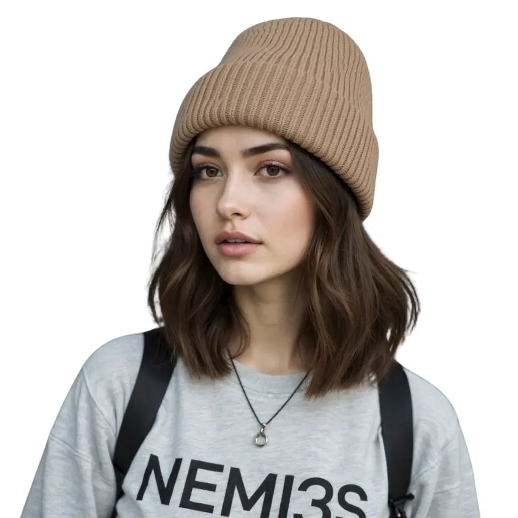 Wholesale Classic Fashion Thick Knitted Bucket Beanie Winter Warm Customized Embroidered Ribbed Pashmina Hat for Outdoor Leisure Travel