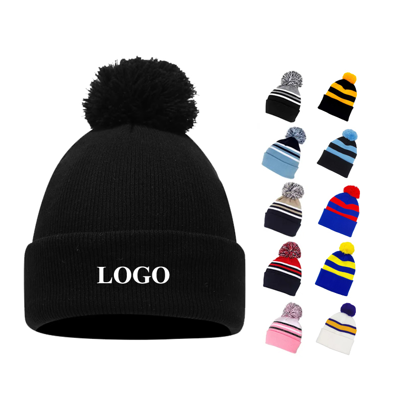 Custom Logo Unisex Winter Knitted Black Beanie Hats
