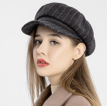 Women&#39;s British Vintage Newsboy Hat Autumn and Winter Plaid Octagonal Hat