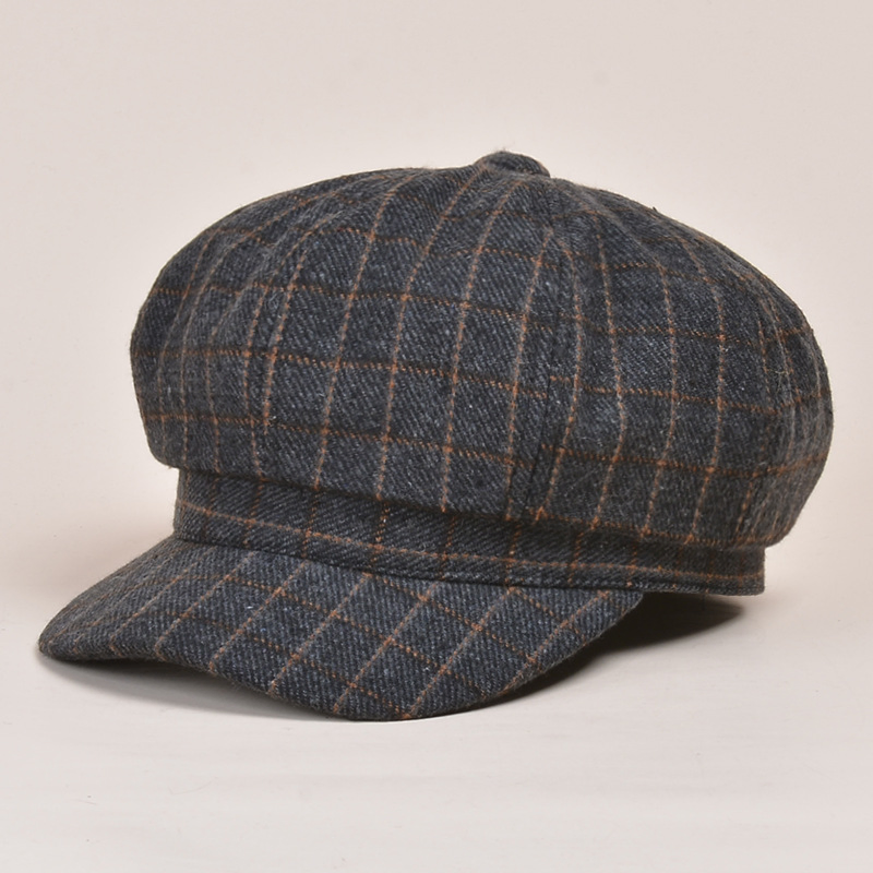 Women&#39;s British Vintage Newsboy Hat Autumn and Winter Plaid Octagonal Hat