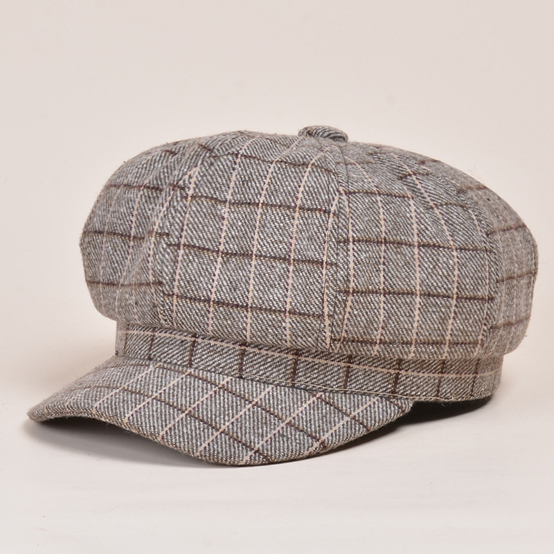 Women&#39;s British Vintage Newsboy Hat Autumn and Winter Plaid Octagonal Hat