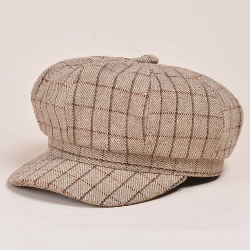 Women&#39;s British Vintage Newsboy Hat Autumn and Winter Plaid Octagonal Hat