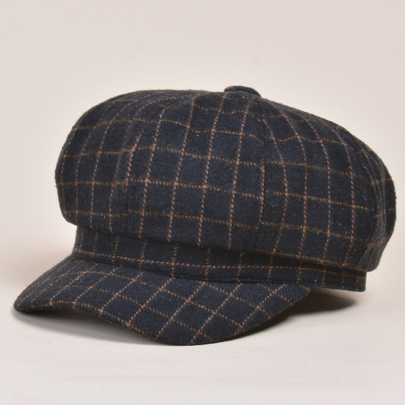 Women&#39;s British Vintage Newsboy Hat Autumn and Winter Plaid Octagonal Hat