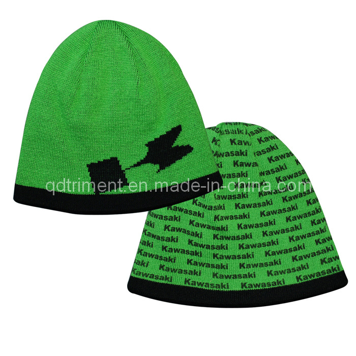 Top Quality Jacquard Stripes Acrylic Cuff POM Knitted Beanie (TMK0190)