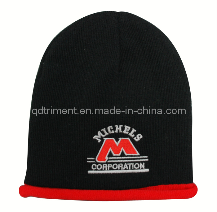 Top Quality Jacquard Stripes Acrylic Cuff POM Knitted Beanie (TMK0190)