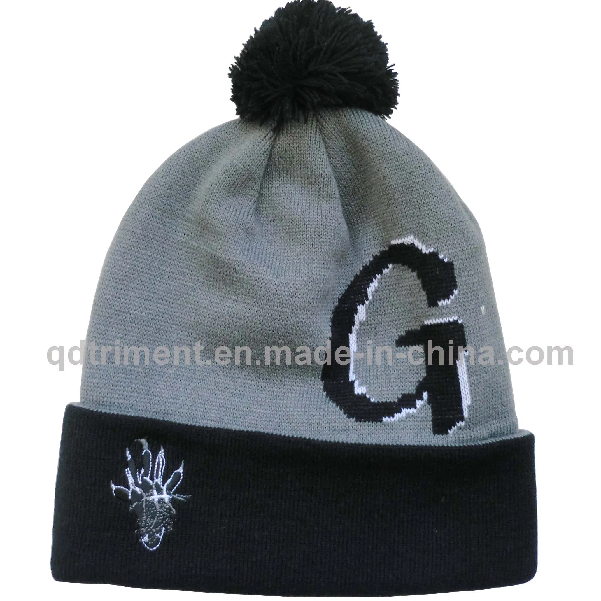 Jacquard Embroidery POM Cuff Acrylic Sport Winter Beanie (TMBK1441-1)