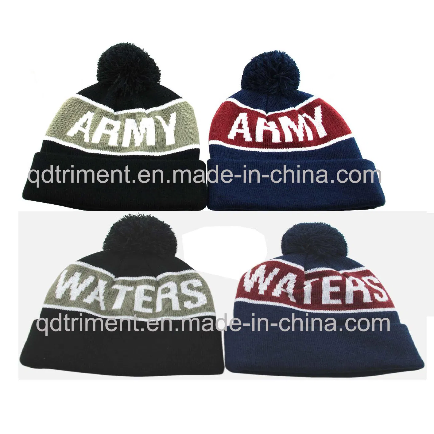 Top Quality Jacquard Stripes Acrylic Cuff POM Knitted Beanie (TMK0190)
