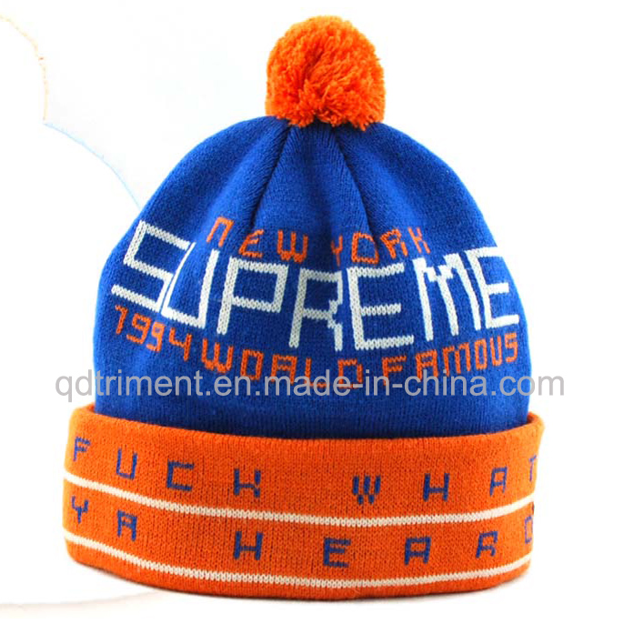 Top Quality Jacquard Stripes Acrylic Cuff POM Knitted Beanie (TMK0190)
