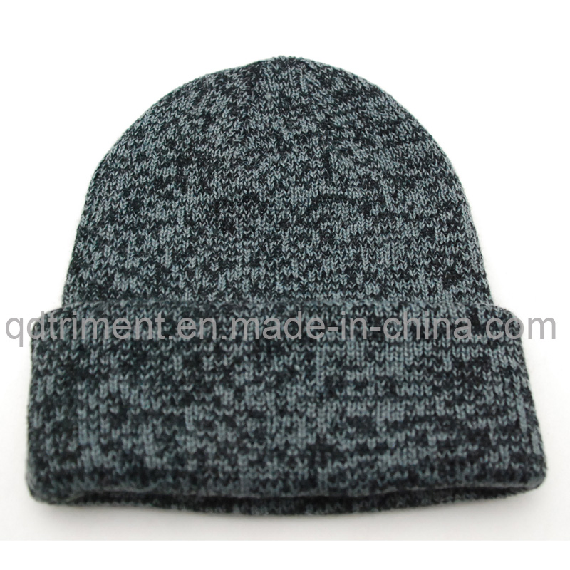 Top Quality Jacquard Stripes Acrylic Cuff POM Knitted Beanie (TMK0190)
