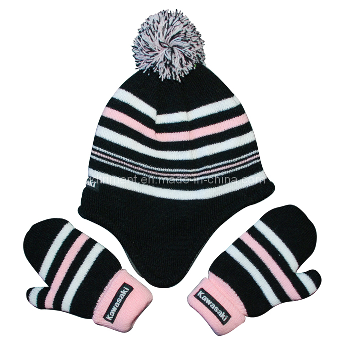 Top Quality Jacquard Stripes Acrylic Cuff POM Knitted Beanie (TMK0190)