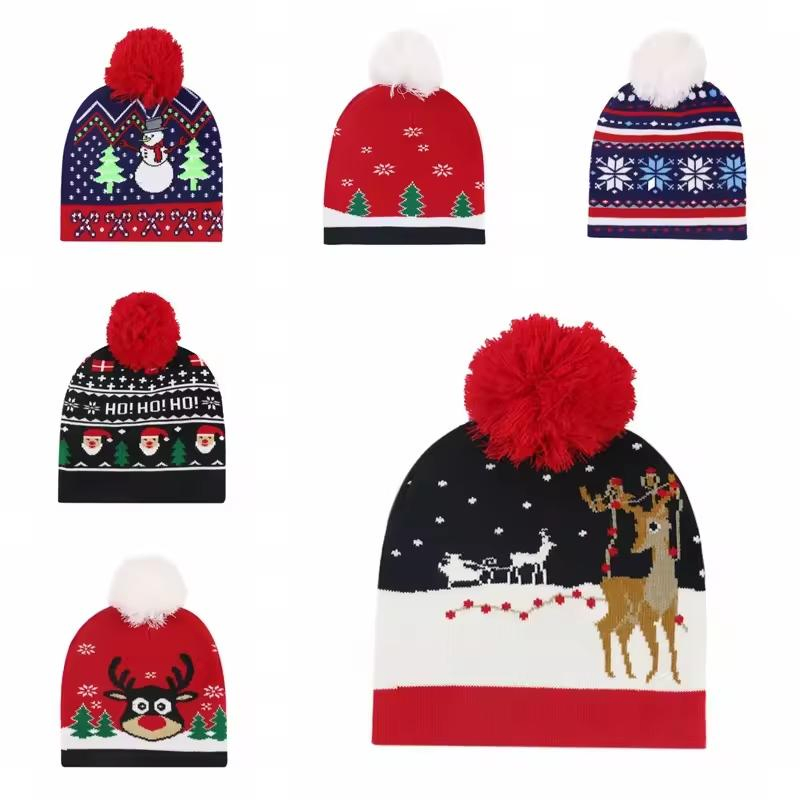 Bulk Premium Acrylic Pompom Hats Hip Hop Print Christmas Jacquard Beanies Cap with Custom Embroidery