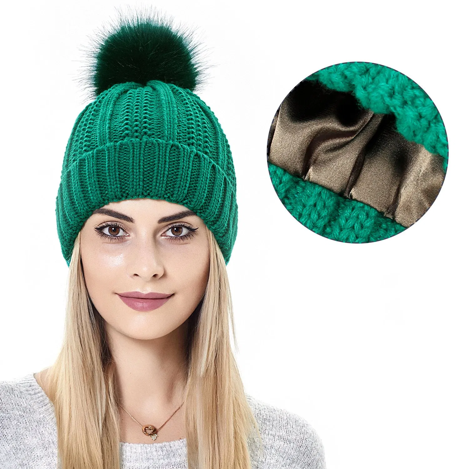 Womens Winter Beanie Hat Faux Fur Pompom Winter Thick Snow Knit Ski Cap Custom Logo Satin Lined Winter Hatshot Sale Product