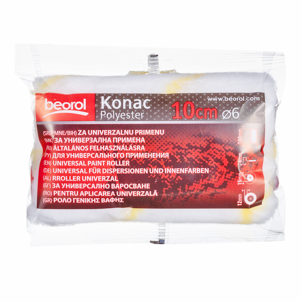Валик полиэстер 100 мм стержень 6 мм d42 мм ворс 12 мм для водной основы без ручки Beorol Konac (2 шт.)